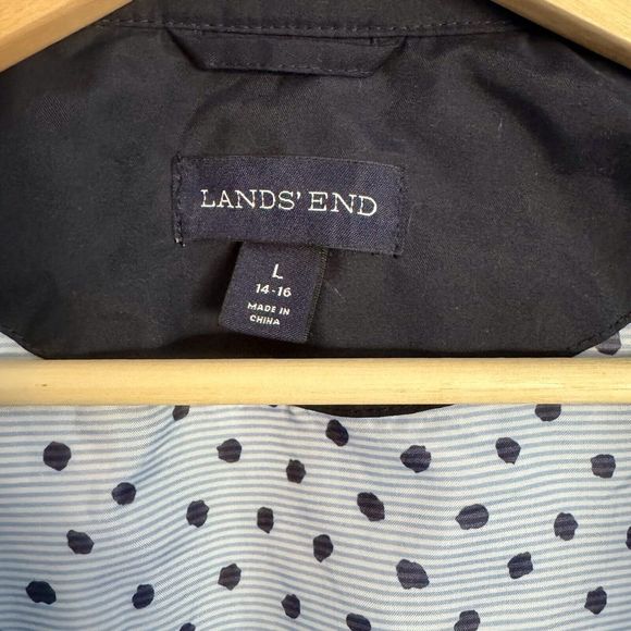 Lands' End Womens L 14-16 Navy Lined Polka Dot Raincoat Machine Wash Pockets - Picture 3 of 13